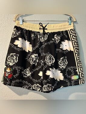 Slunks Thorns & Roses C2 Volleyball Shorts XL Black Yellow Boardshorts Rare